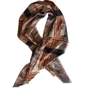 VTG Sheer Plaid Paisley Scarf Neutral Tan Gray Red-Burgundy